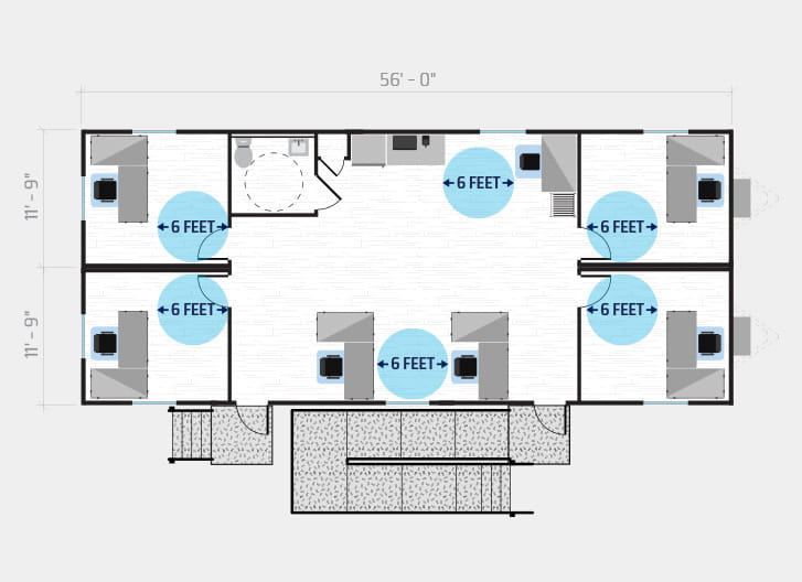 diagram shows 7 person job site in a 60' x 24' modular office